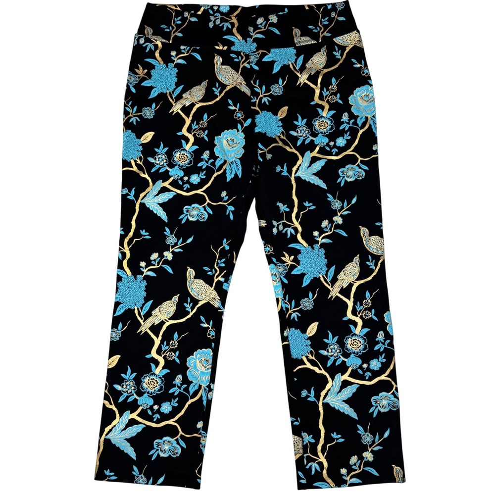 Soft Surroundings Pull On Pants Womens PL Black Gold Bird Floral Stretch Artsy